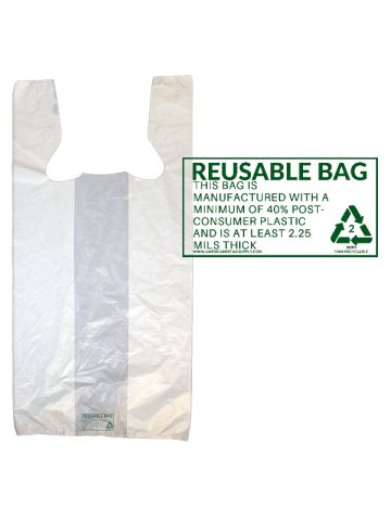 White, 2.25 Mil Heavy duty Reusable T-Shirt Bags, 12" x 7" x 23"